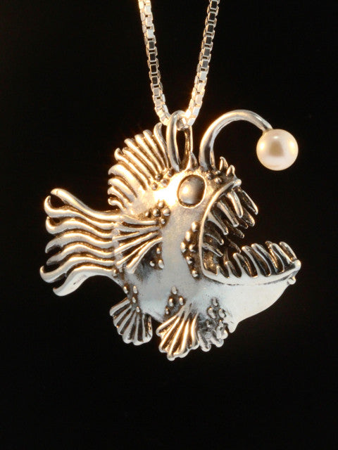 Large Angler Fish Pendant with White Pearl Lure - Sterling Silver White Pearl / 18