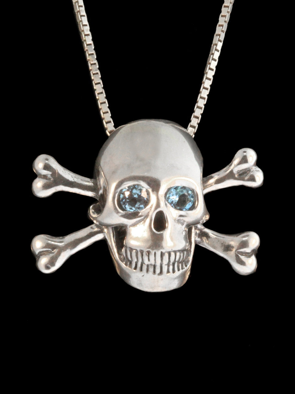 Large Skull and Crossbones Pendant Blue Topaz Eyes in Silver