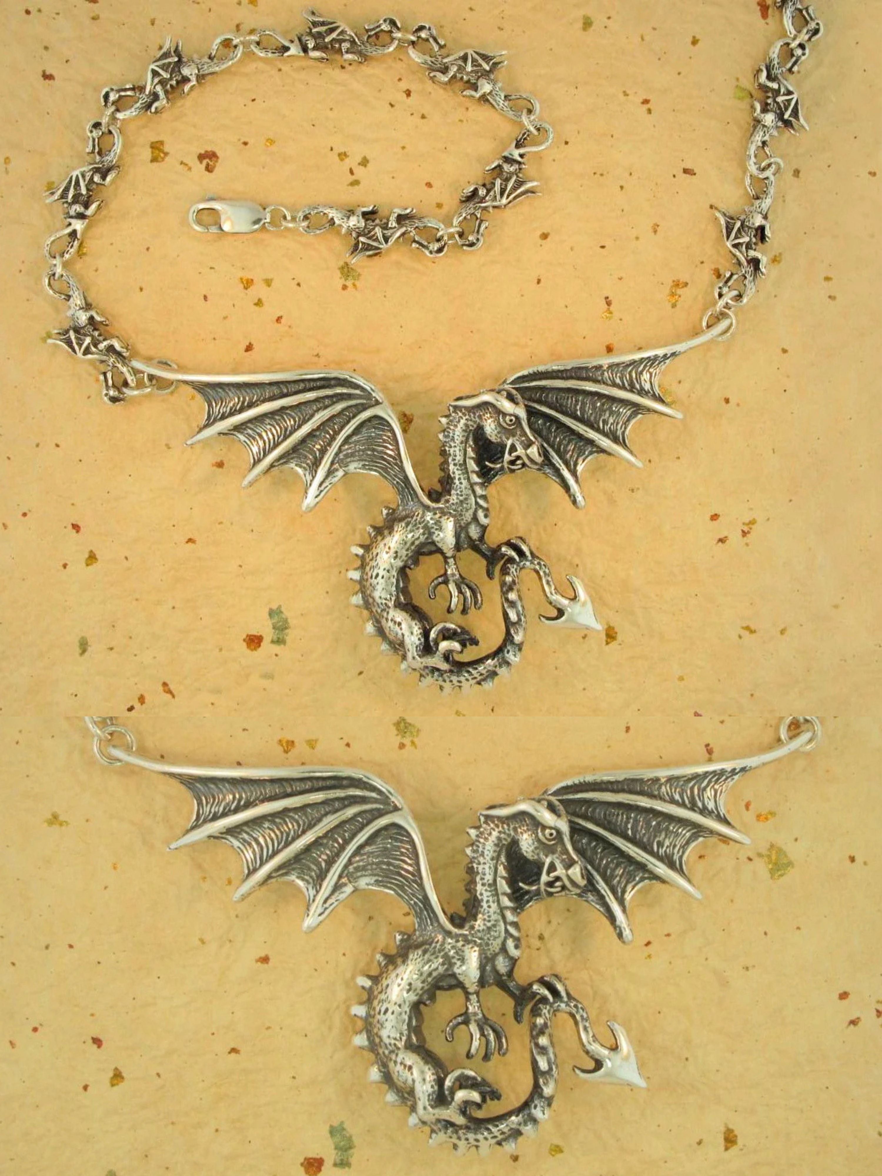 Spread Winged Dragon Neckpiece with 14 Link Dragon Chain - Silver