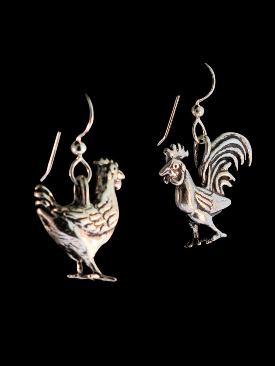 Chicken Earrings -Hen and Rooster - Silver