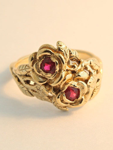 Double Rose and Ruby Ring - 14K Gold