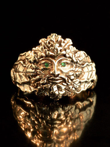 Green Man Ring with Tsavorite Eyes - 14K Gold