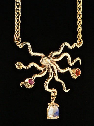 Swimming Octopus Pendant with Jewel Treasures - Solid 14k Gold