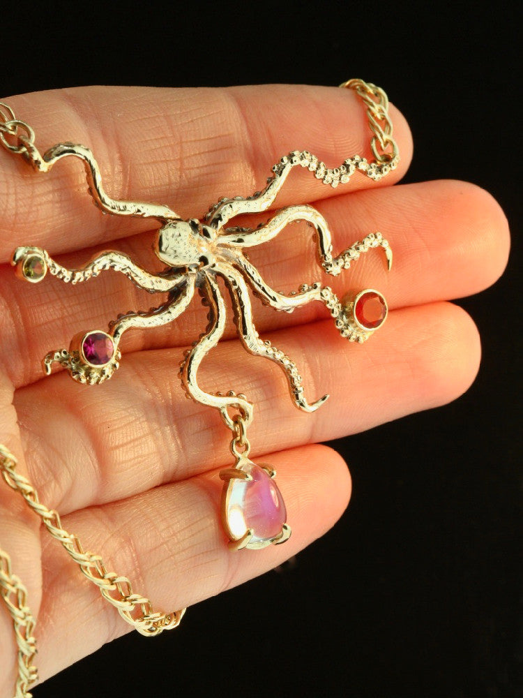 Gold Octopus with Jeweled Treasures in 14k Gold