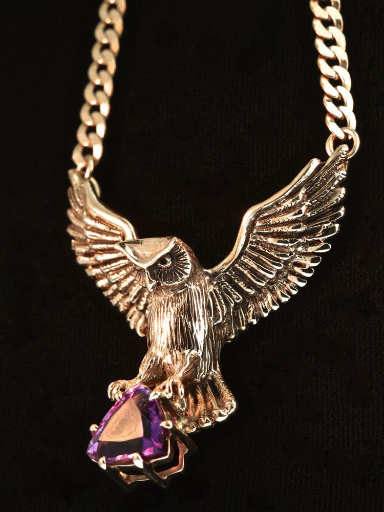 Large Owl Neckpiece with Trillion Amethyst