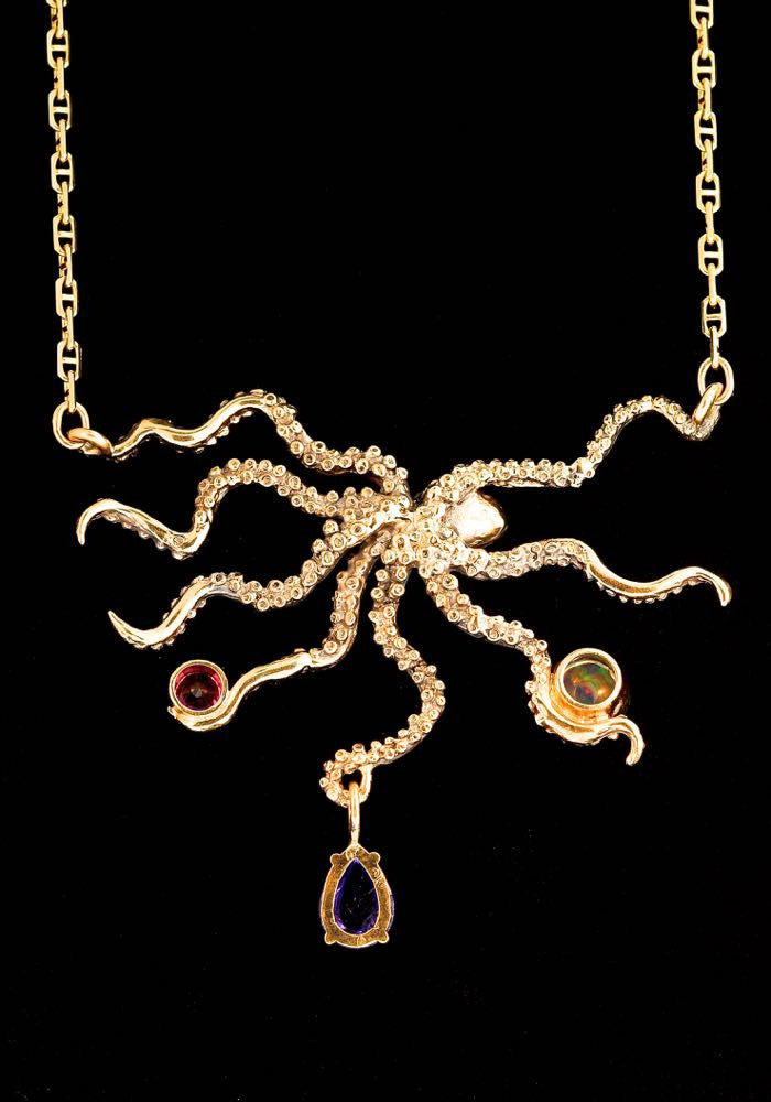 Octopus with Jeweled Treasure in 14k Gold
