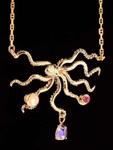 Swimming Octopus Pendant with Jeweled Treasures - Solid 14k Gold