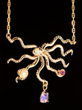 Swimming Octopus Pendant with Jeweled Treasures - Solid 14k Gold