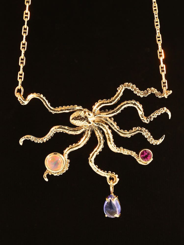 Octopus with Jeweled Treasure in 14k Gold