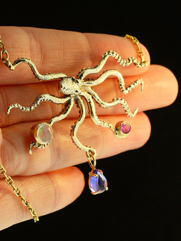 Octopus with Jeweled Treasure in 14k Gold