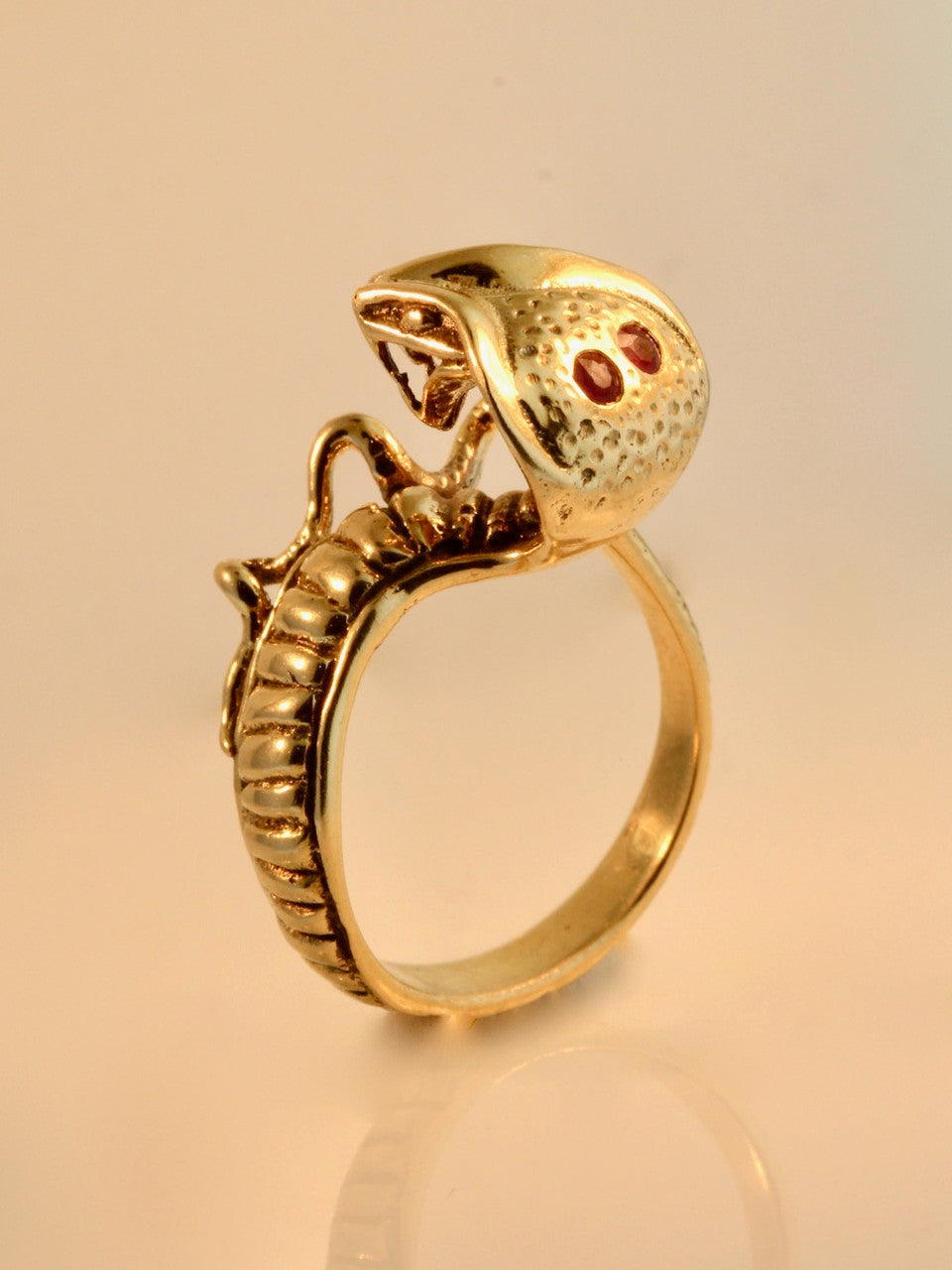 Cobra Ring with Rubies in Hood - 14k Gold