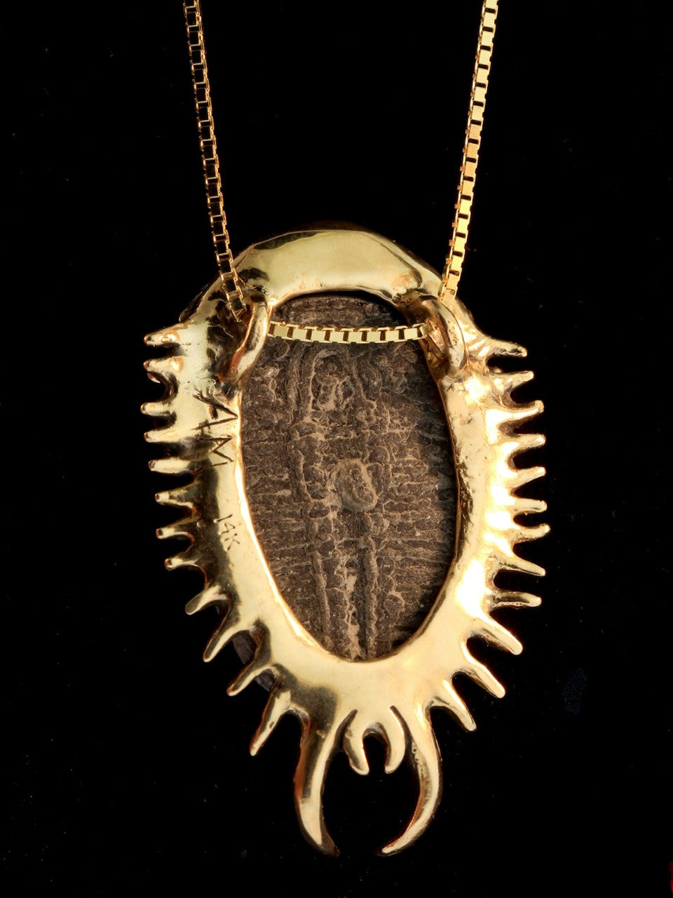 Back view of Colossal Spiked Trilobite with Fire Opal - 14k Gold