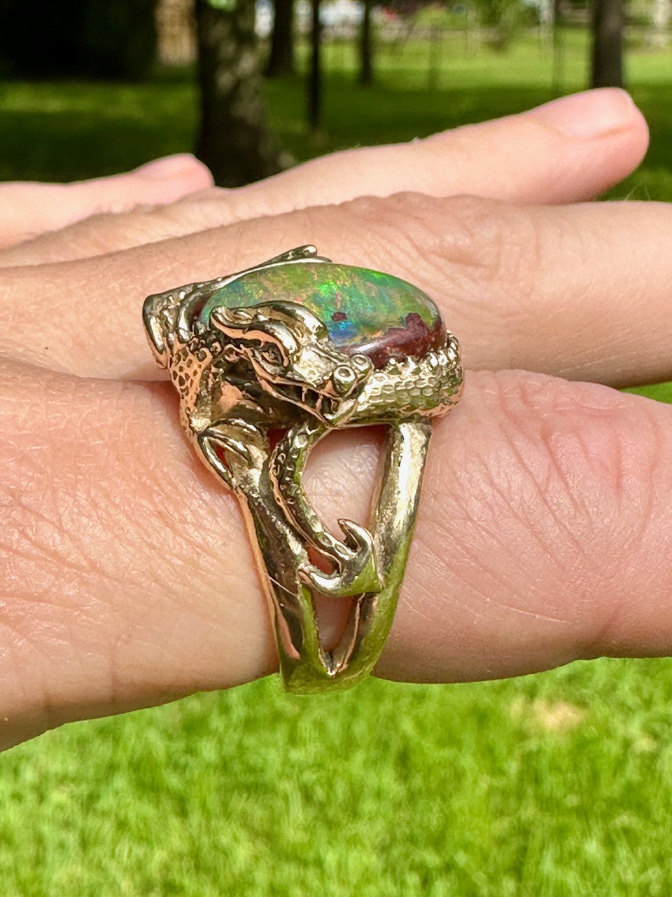 Green Grotto Sentry Dragon Ring - 14K gold
