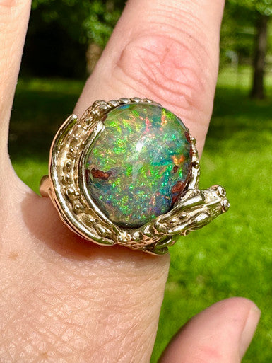 Green Grotto Sentry Dragon Ring - Mexican Matrix Opal - 14K gold