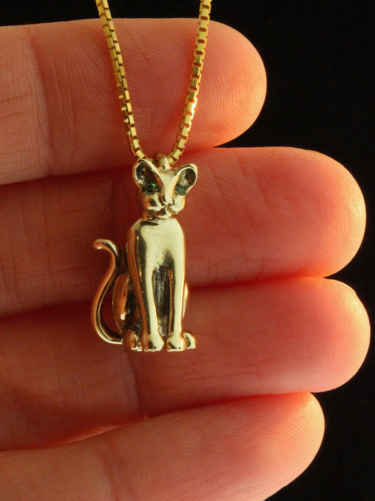 Magic Cat Pendant with Tsavorite Eyes - 14K gold