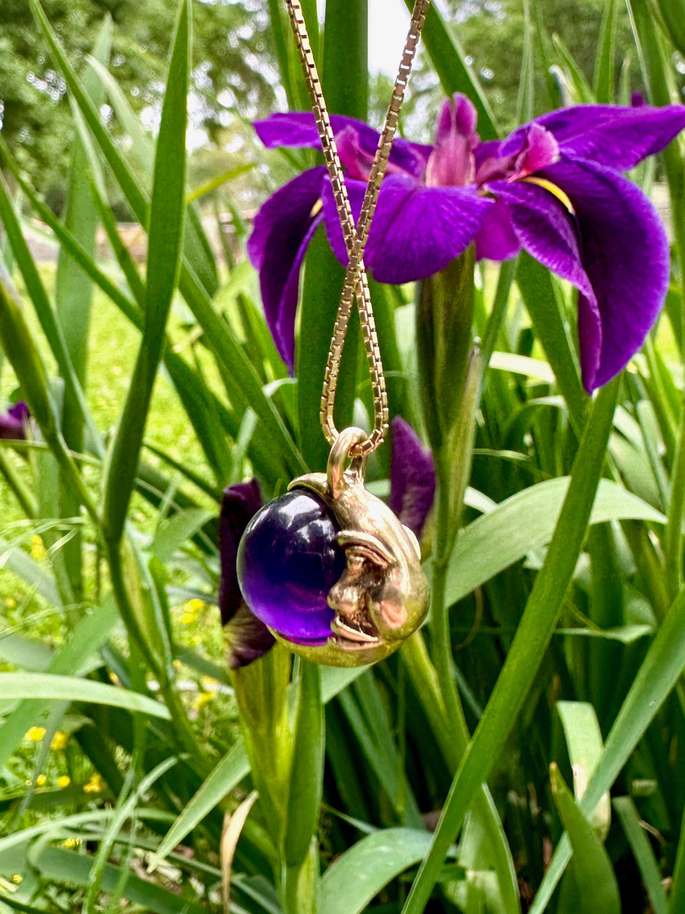 Moon Orb Pendant with Amethyst Orb - 14k Gold