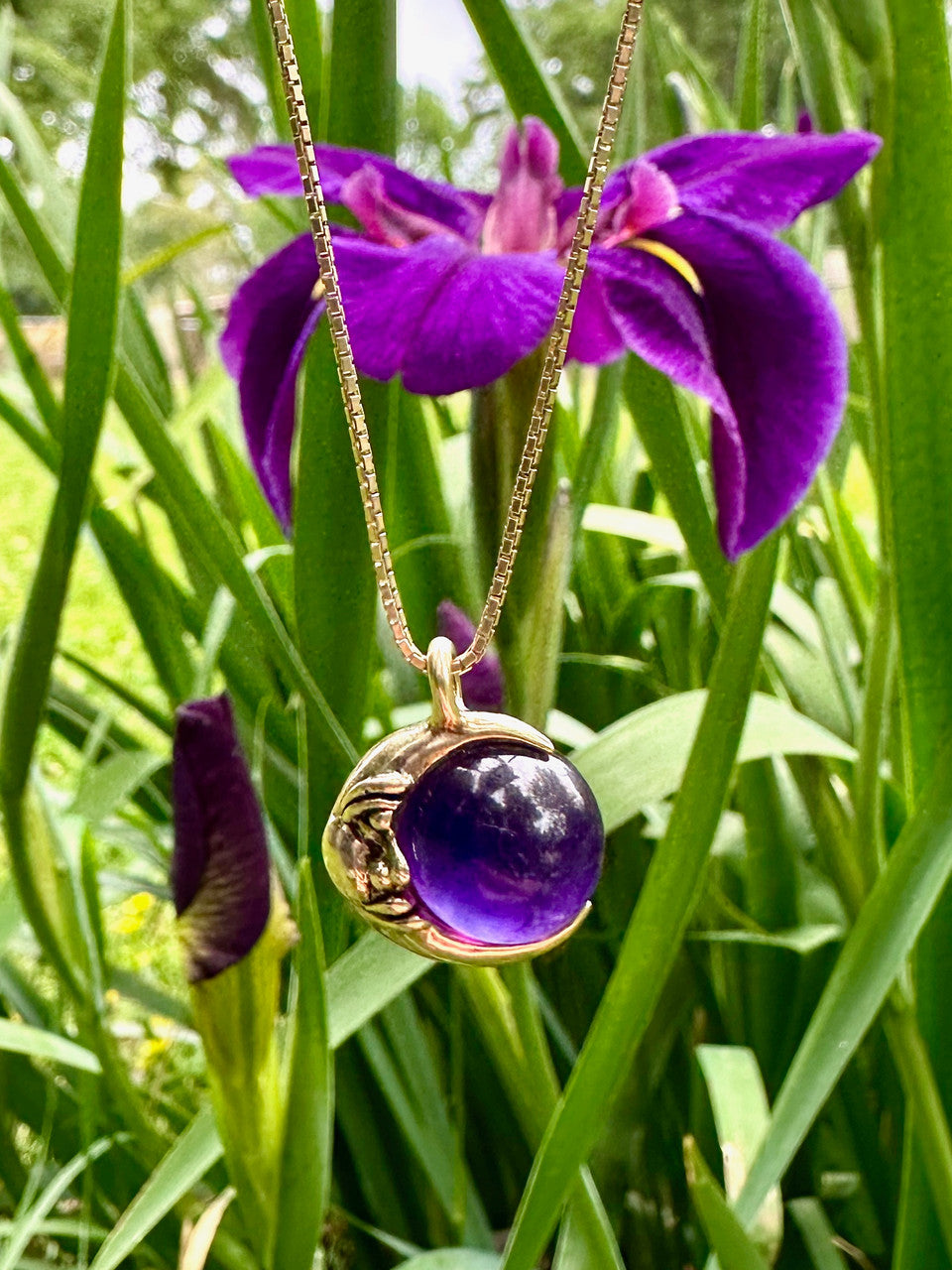 Moon Orb Pendant with Amethyst Orb - 14k Gold