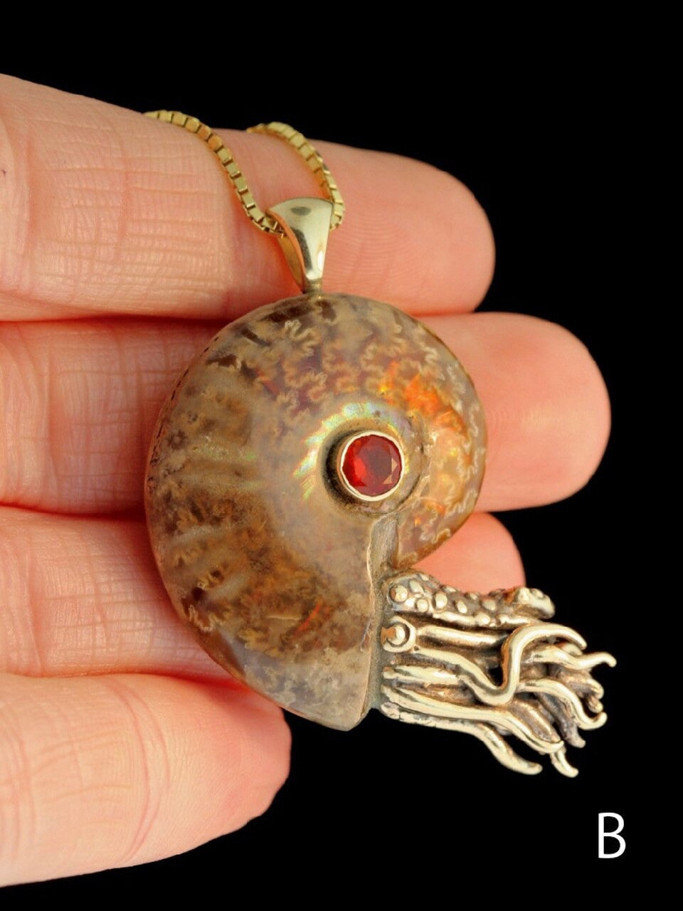 Fossilized Ammonite Nautilus Necklace w/ Mexican Fire Opal