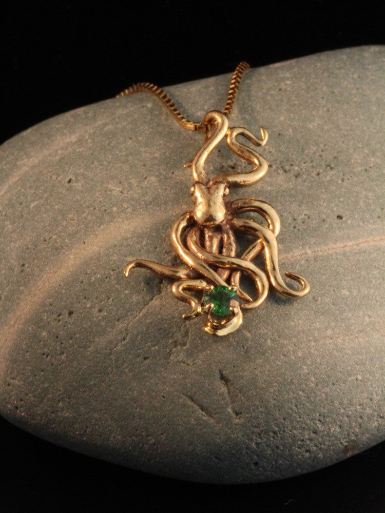 Octopus Charm with Tsavorite - Solid 14k Gold