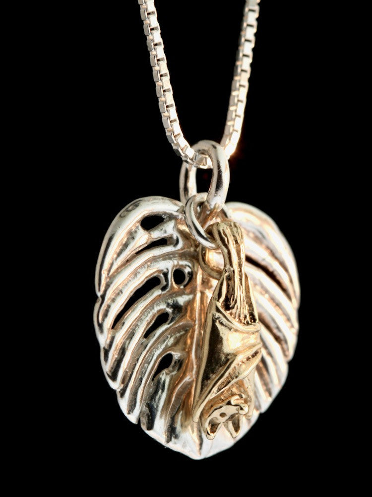 Silver Monstera Leaf with 14K gold Jungle Jewel Bat.