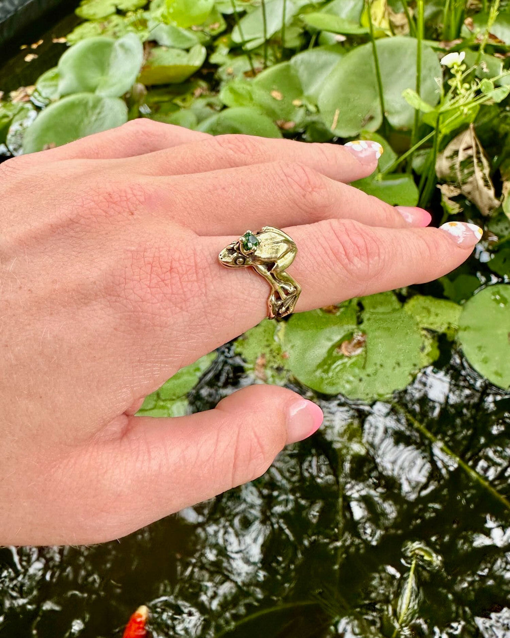 14K gold Enchanted Frog Prince Ring with Tsavorite Crown