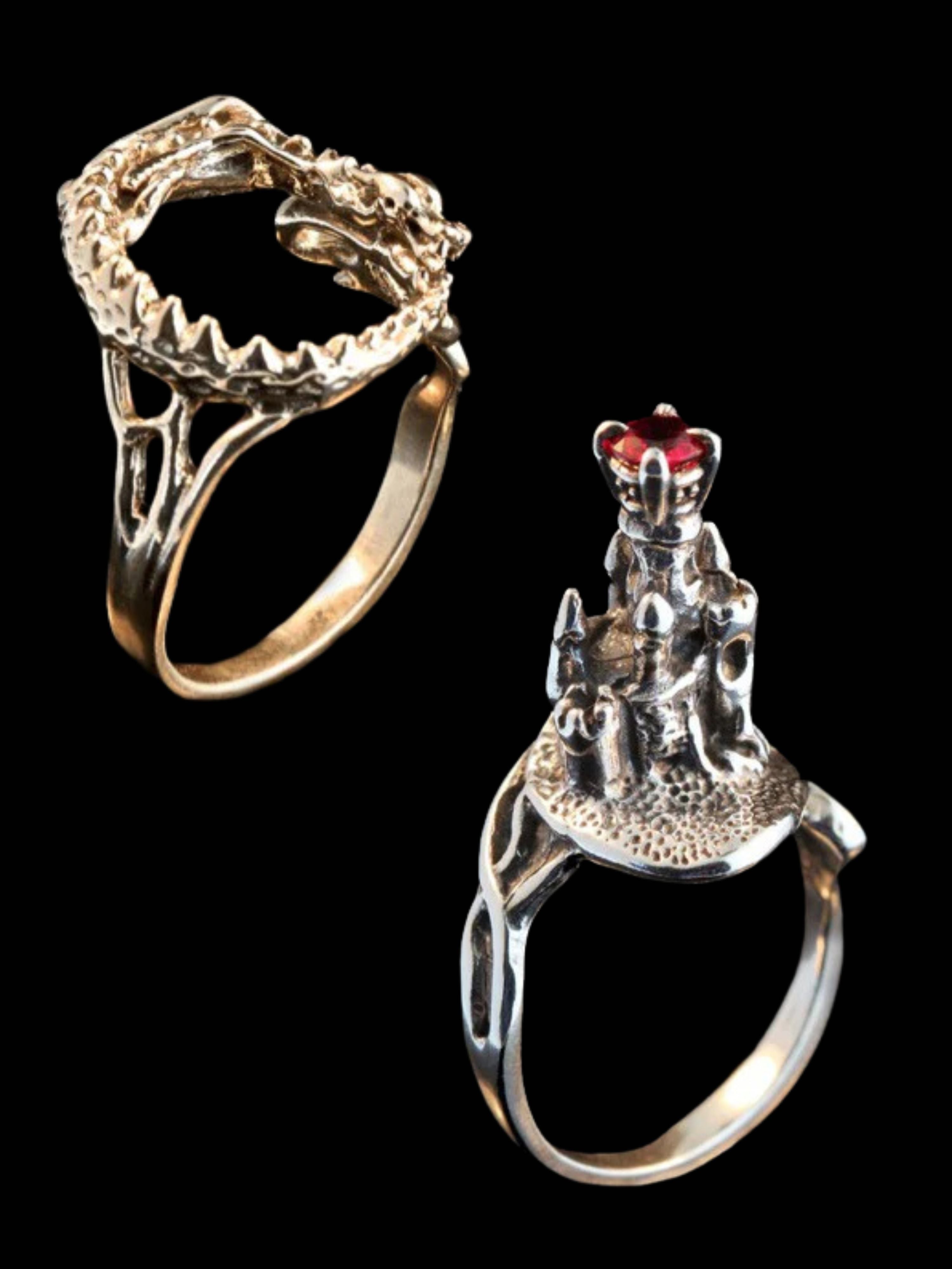 Castle Dragon Ring with Ruby - 14K Gold and Silver