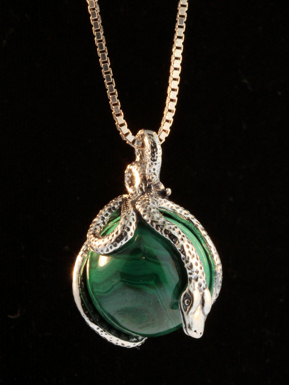 Python Snake Orb Pendant with Malachite - Silver