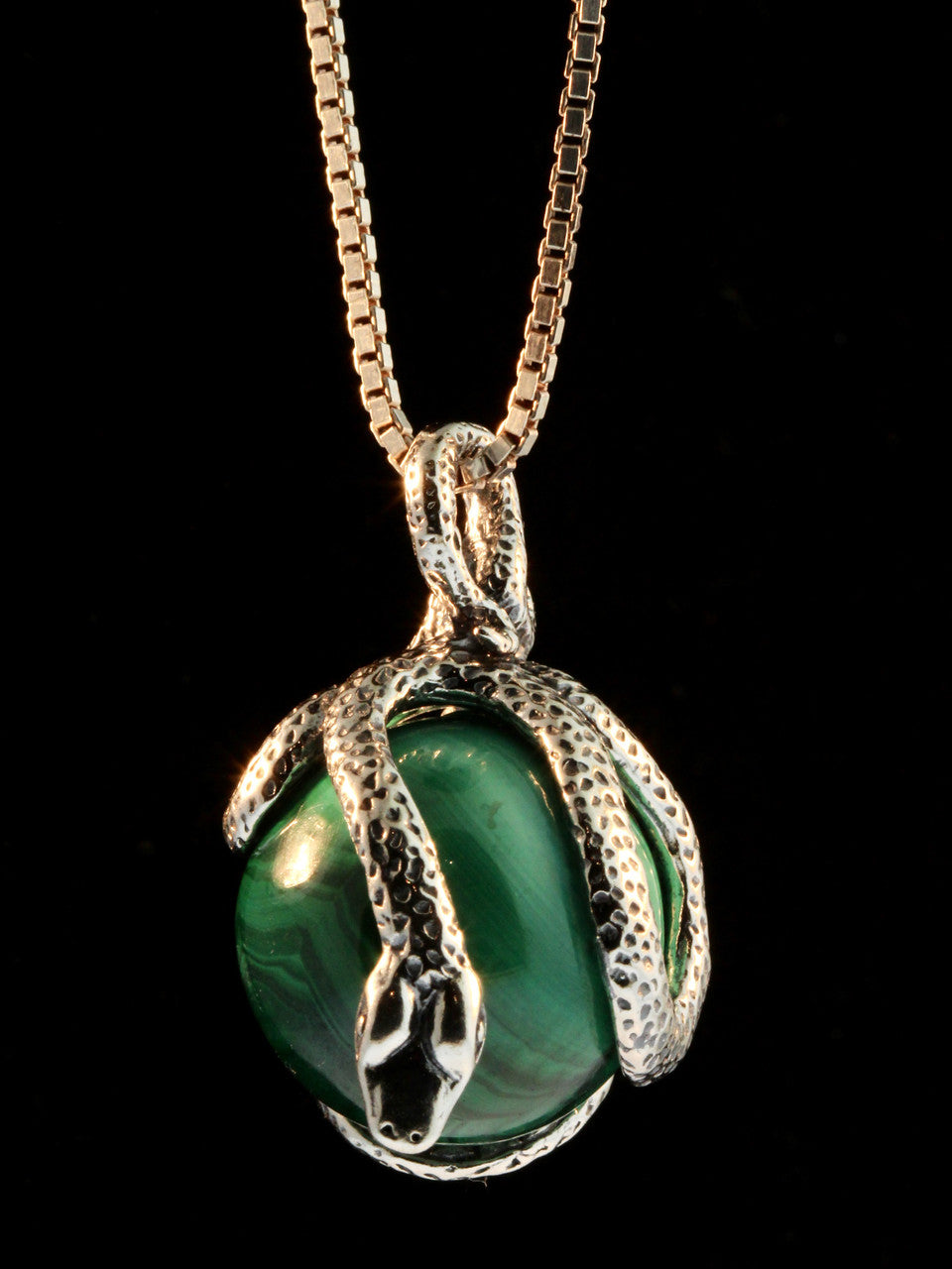 Python Snake Orb Pendant with Malachite  - Silver