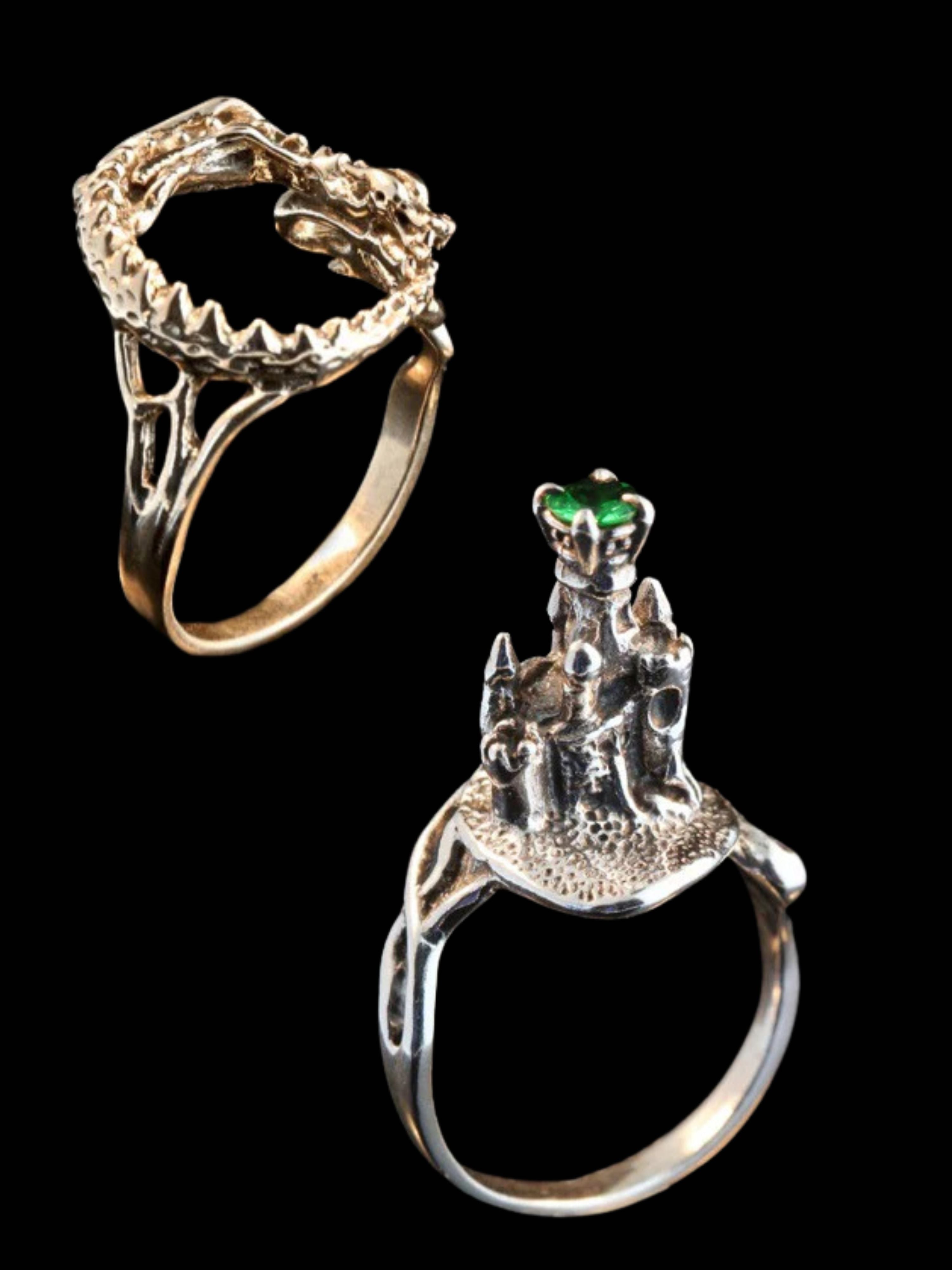 Castle Dragon Ring  with Tsavorite - 14K Gold and Silver