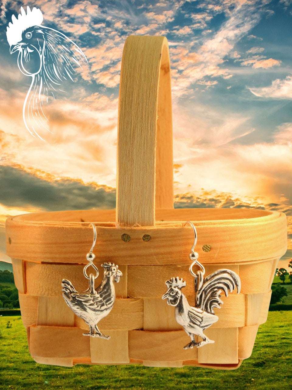 Chicken Earrings -Hen and Rooster - Silver