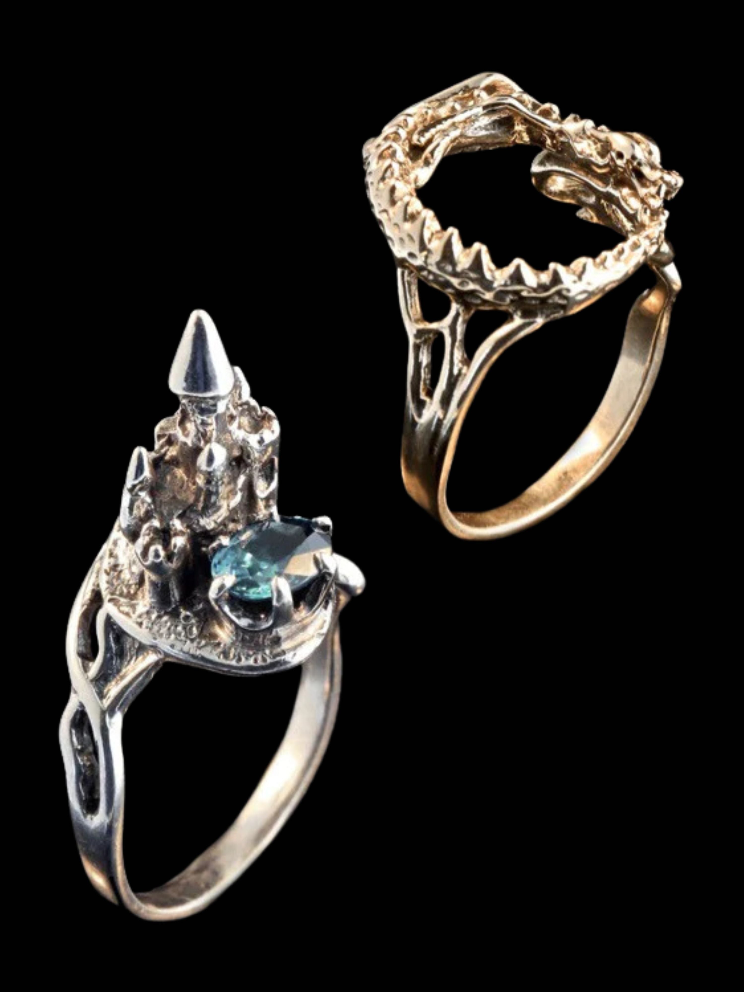 Castle Dragon Ring with Blue Zircon - 14K Gold and Silver