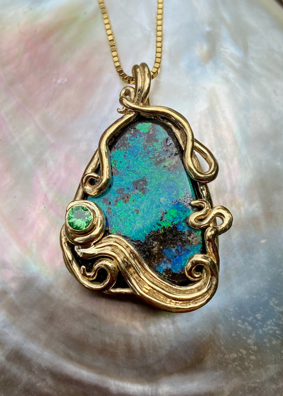 18K gold Bermuda Bliss Opal Australian Boulder  Pendant set with tsavorite.