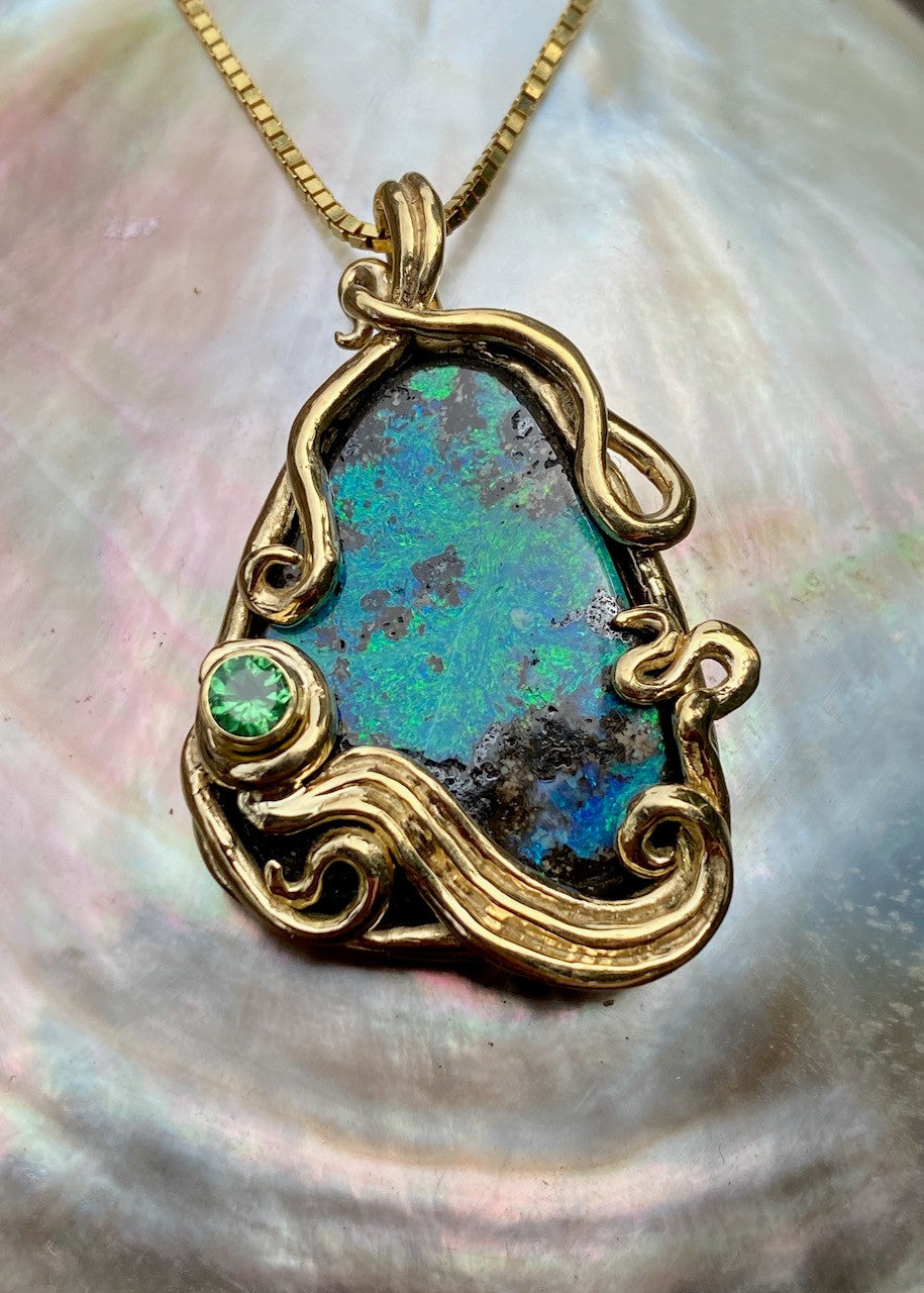 18K gold Bermuda Bliss Australian Boulder Opal Pendant set with tsavorite.