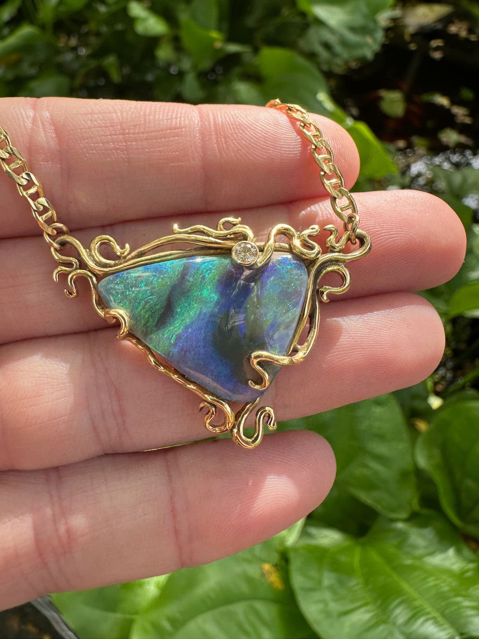 Ocean Reef - Australian Boulder Opal and diamond - 18K with 14K gold chain