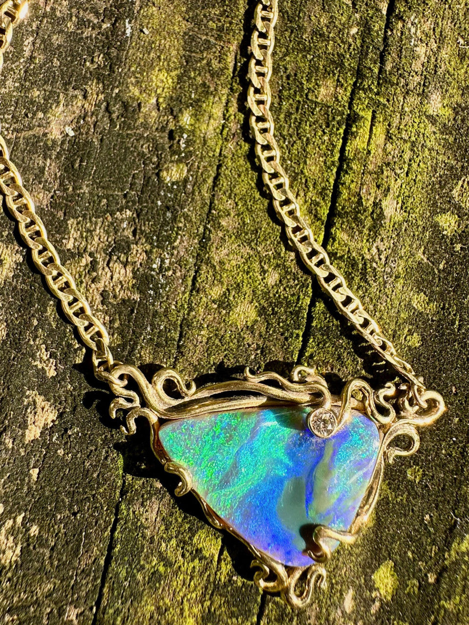 Ocean Reef - Australian Boulder Opal and diamond - 18K with 14K gold chain