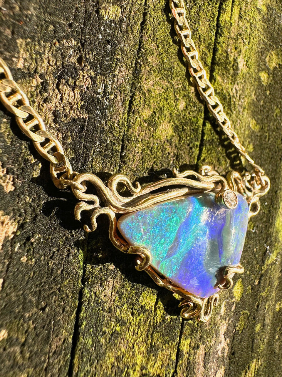 Ocean Reef - Australian Boulder Opal and diamond - 18K with 14K gold chain