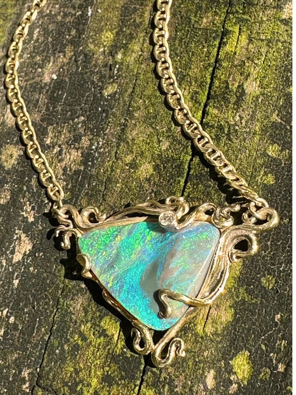 Ocean Reef - Australian Boulder Opal and diamond - 18K with 14K gold chain