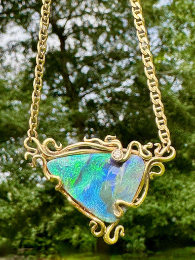 Ocean Reef- Opal & Diamond Pendant - 18K Gold - 14K Gold Chain