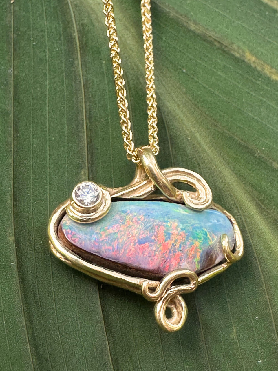 18K Gold, Rainbow Dawn Australian Crystal Opal Pendant with diamond