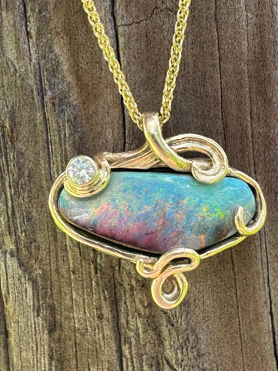 Rainbow Dawn Australian Opal and Diamond Pendant - 18K Gold