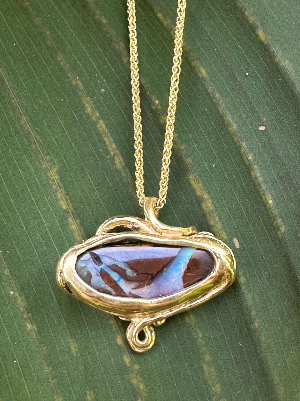 18K Gold, Rainbow Dawn Australian Crystal Opal Pendant with diamond
