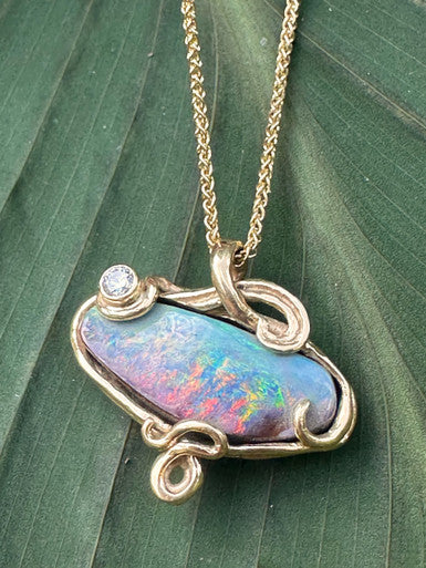 Rainbow Dawn Australian Opal and Diamond Pendant - 18K Gold