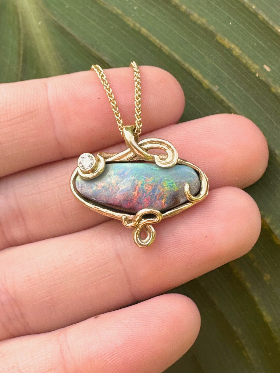 18K Gold, Rainbow Dawn Australian Crystal Opal Pendant with diamond