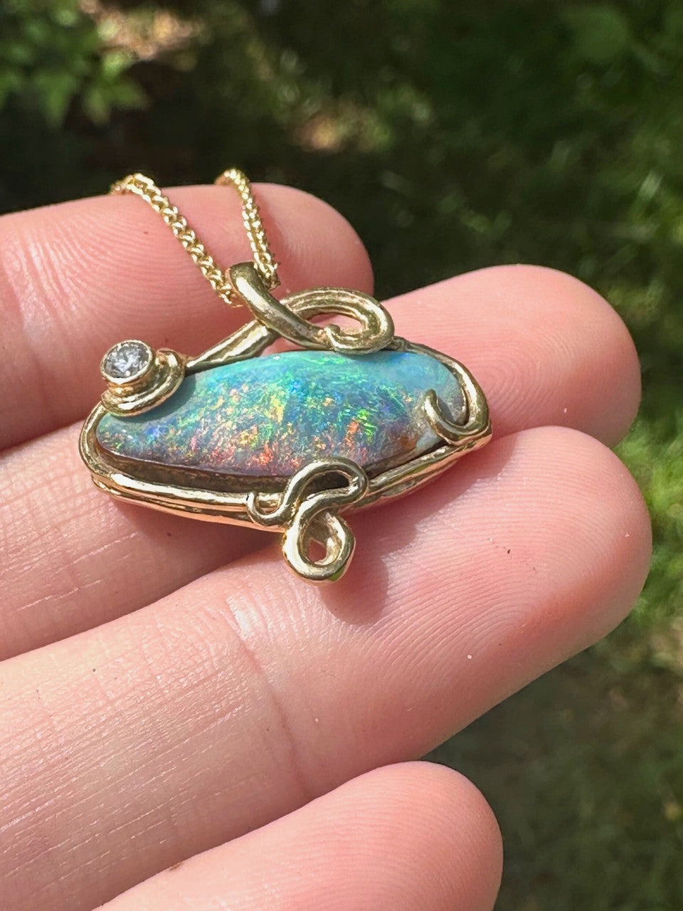 18K Gold, Rainbow Dawn Australian Crystal Opal Pendant with diamond