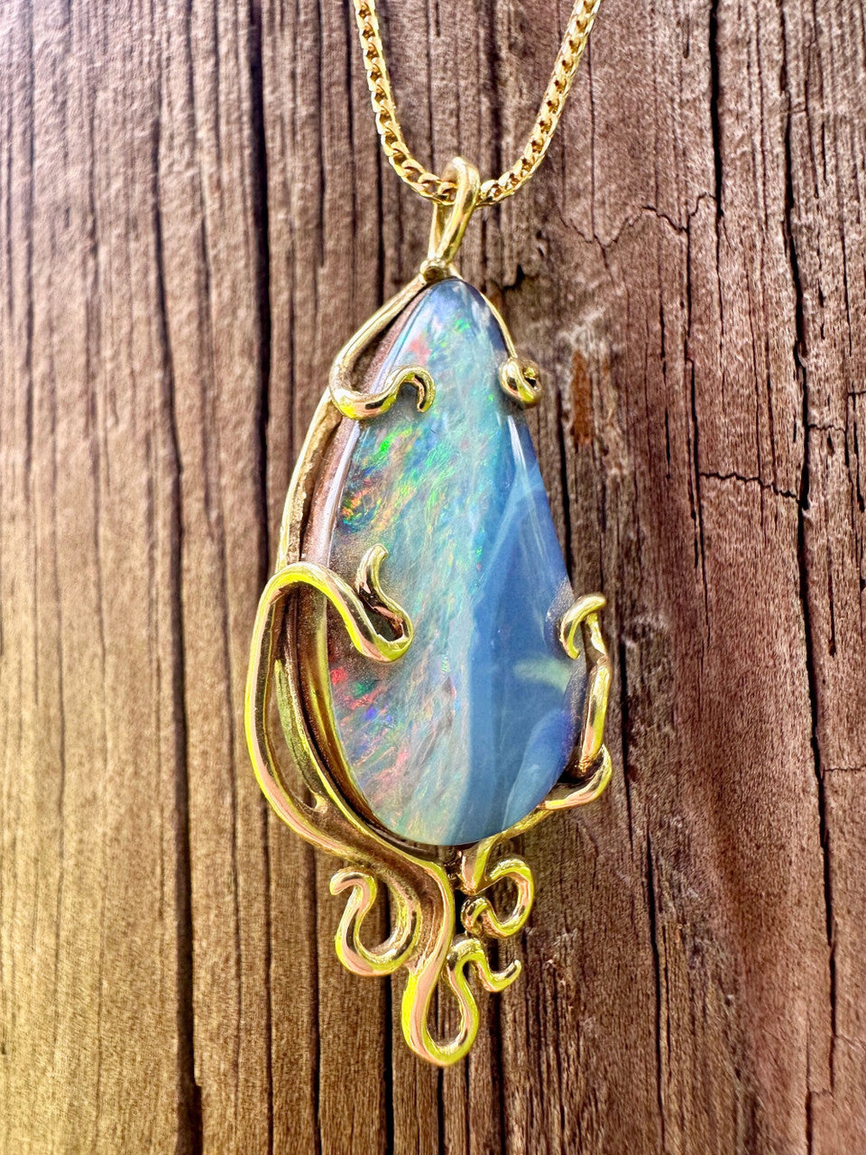 Wave Drop Australian Boulder Opal Pendant - 18K gold