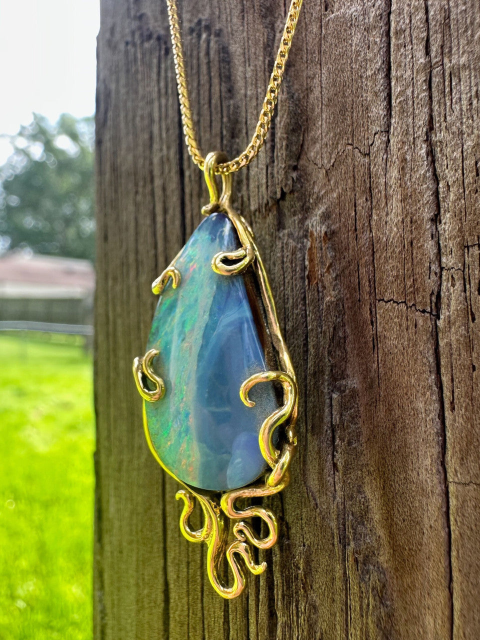 Wave Drop Australian Boulder Opal Pendant - 18K gold