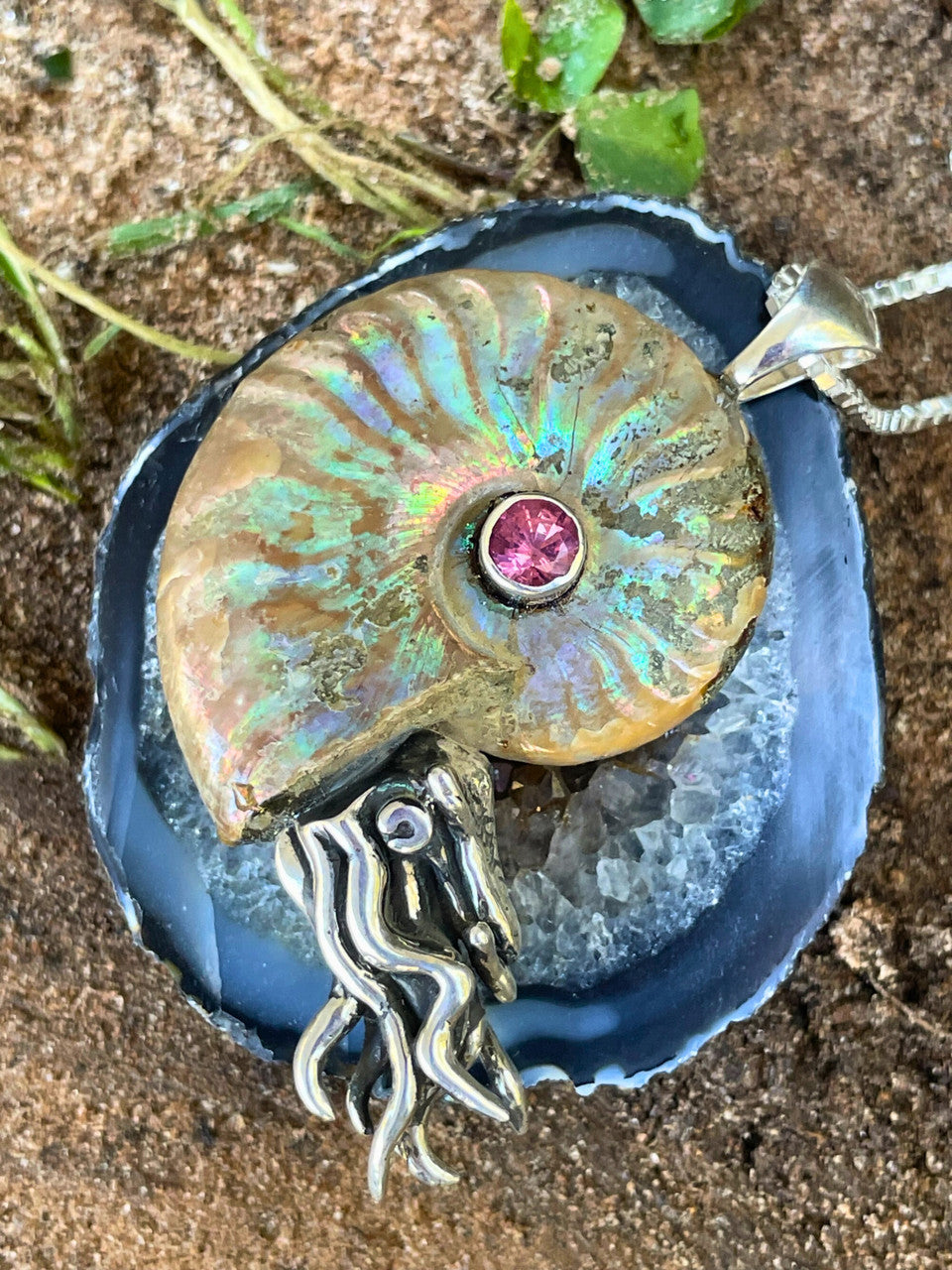 Rainbow Fossilized Ammonite Nautilus Necklace with Pink Tourmaline - Sterling Silver