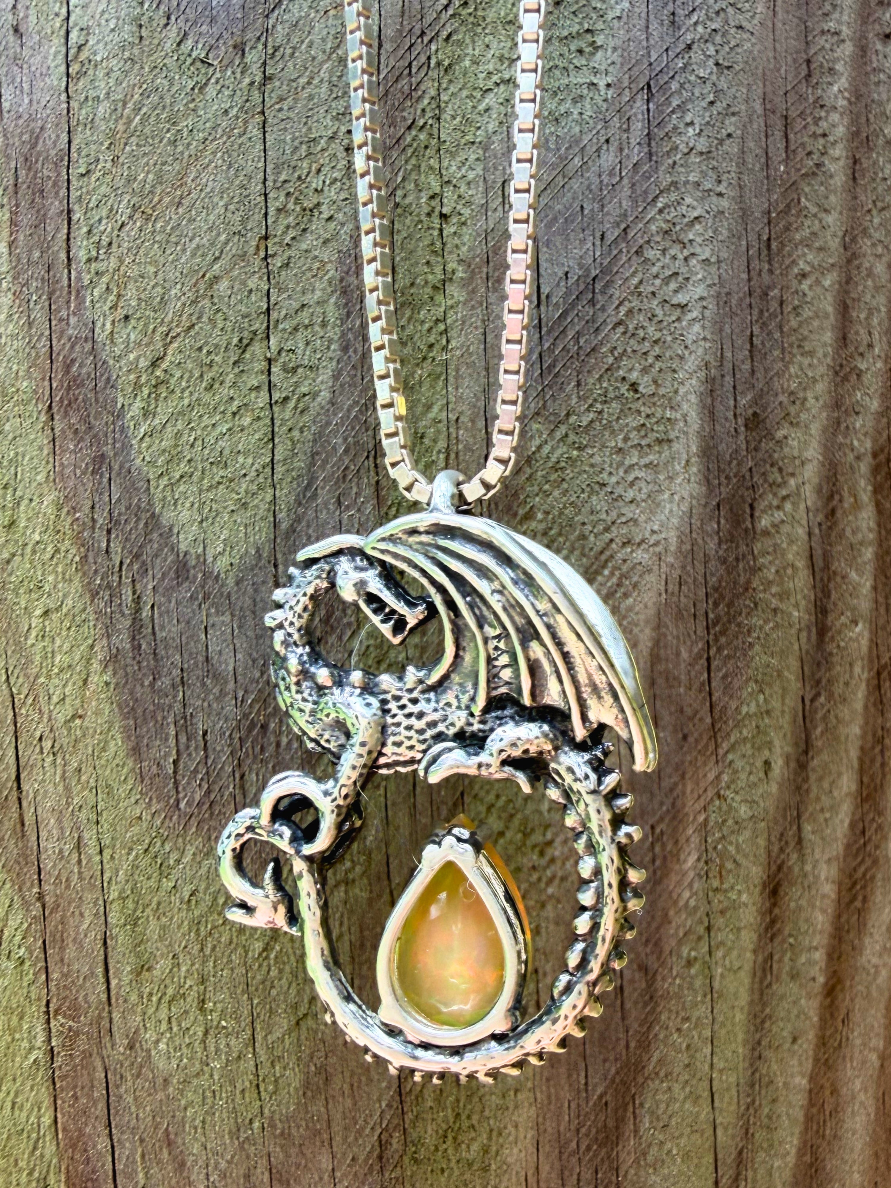 Avalon Dragon Pendant with Ethiopian Fire Opal - Sterling Silver