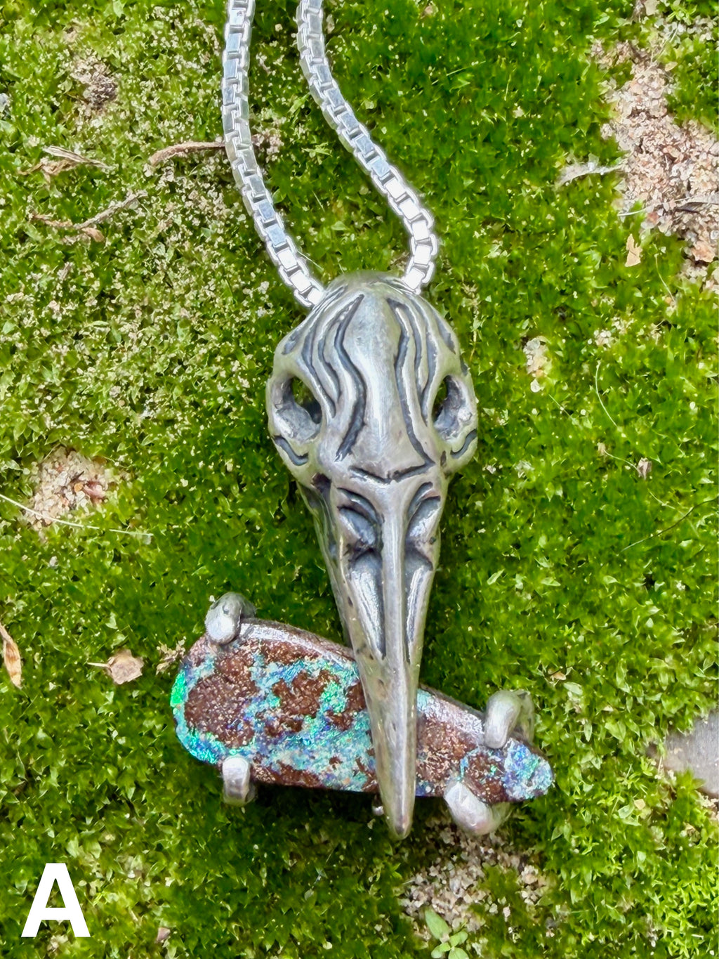 Raven Skull with Boulder Opal - Sterling Silver