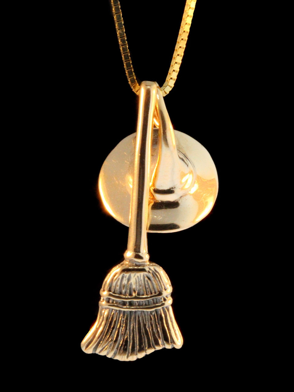 14k Gold Witch's Hat and Witch's Broom Charm necklace